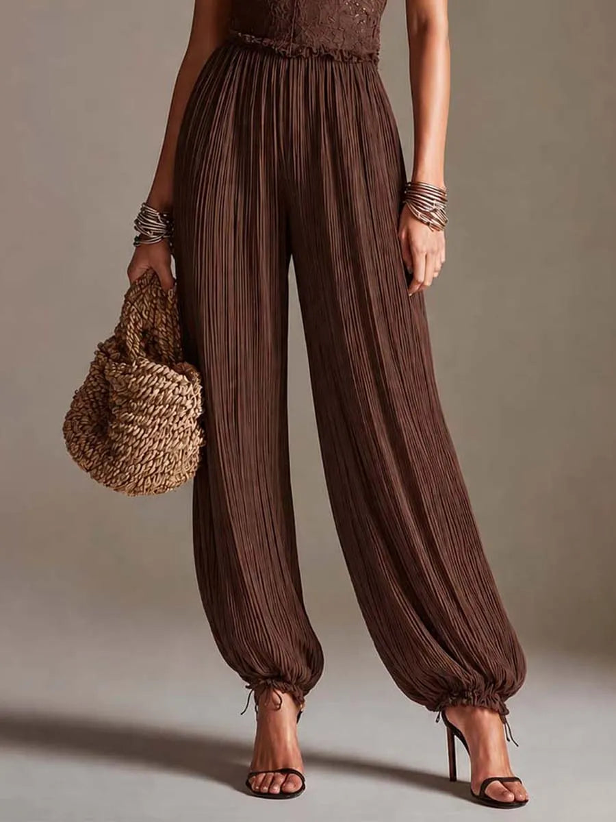 Bohemian Brown Lace Bustier And Pleated Chiffon Balloon Jumpsuit