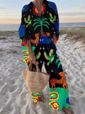 Classic Unique Sun Animal Print Casual Long-Sleeved Shirt Wide-Leg Pants Set
