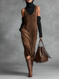 Women's Retro Simple Suede U-Neck Sleeveless Tank Midi Dress MDA0259I1Y