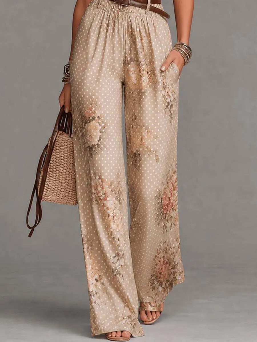 Champagne Floral Polka Dot Halter Lace-Trimmed Wide-Leg Jumpsuit