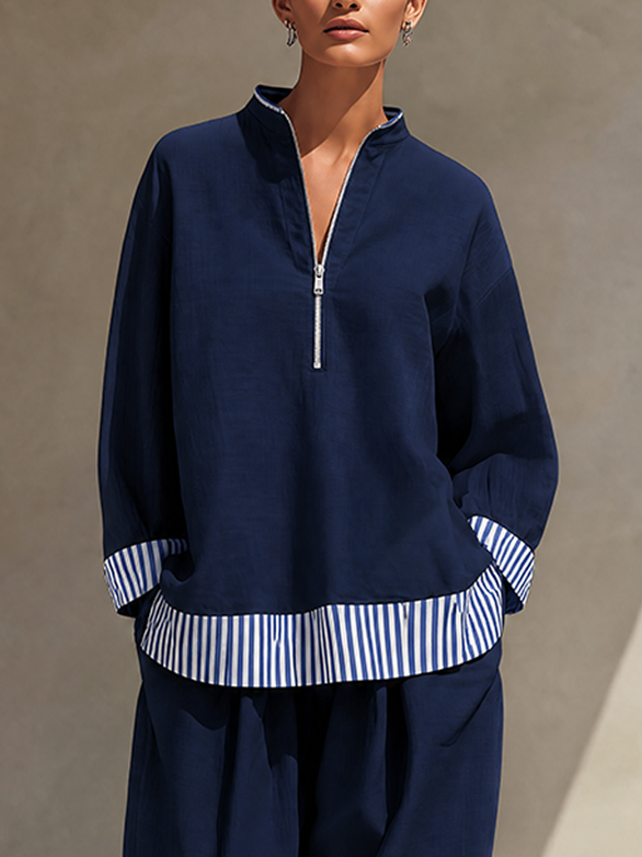 Women's Navy Cotton Blend Half Zip Stand Collar Striped Trim Top & Wide Leg Pants Two-Piece Set MDZ2464G0ZRK