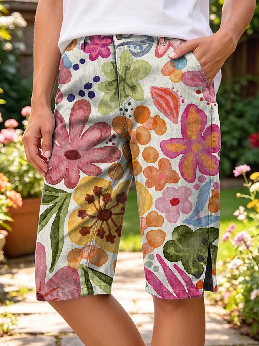 Ethnicity Bohemia Flowers Women's Art Print Casual Cotton Denim Pants