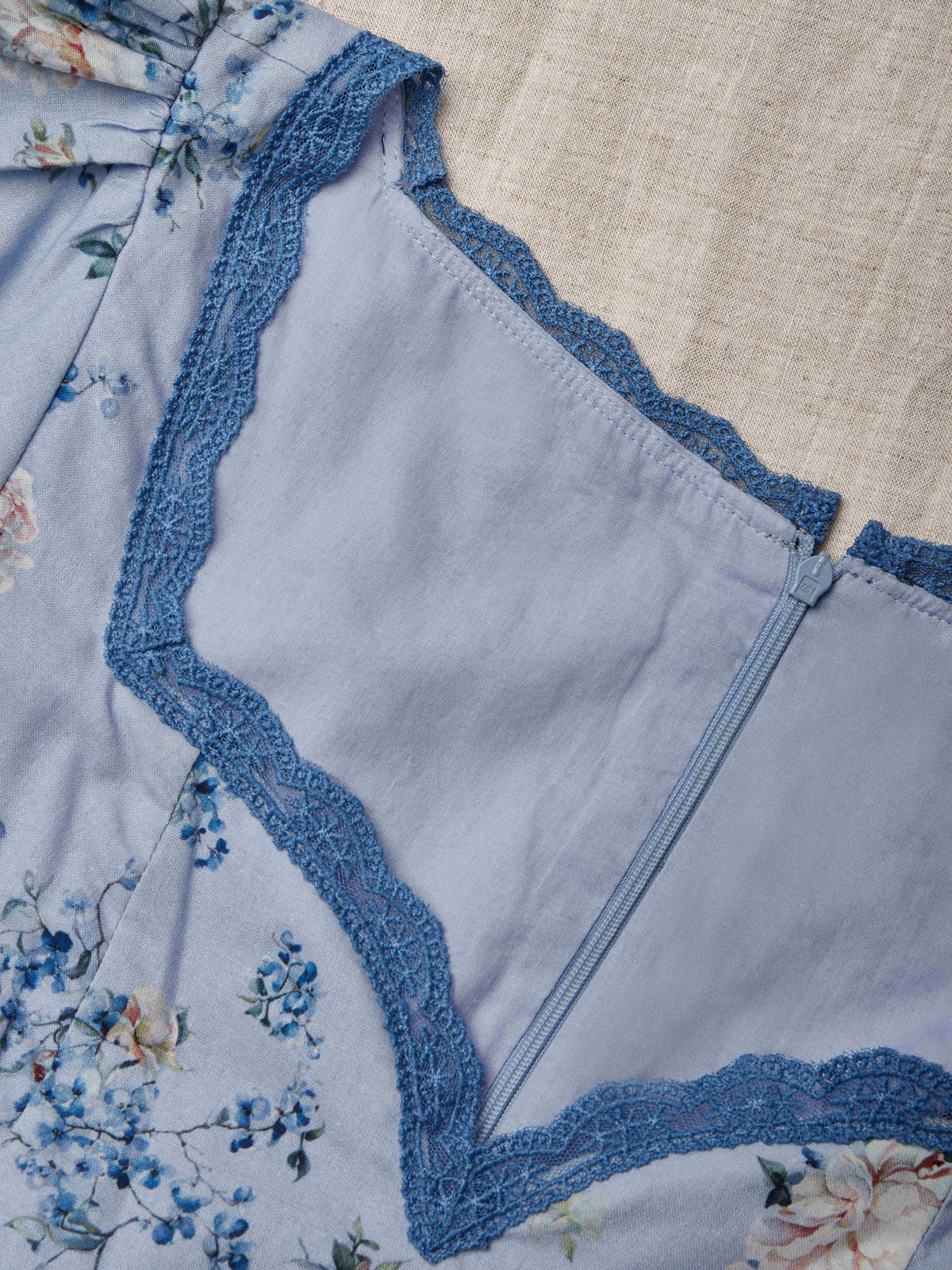 Maxi Linen Dress, Puff Sleeves, Crew Neck, Floral, Linen Blend, Blue