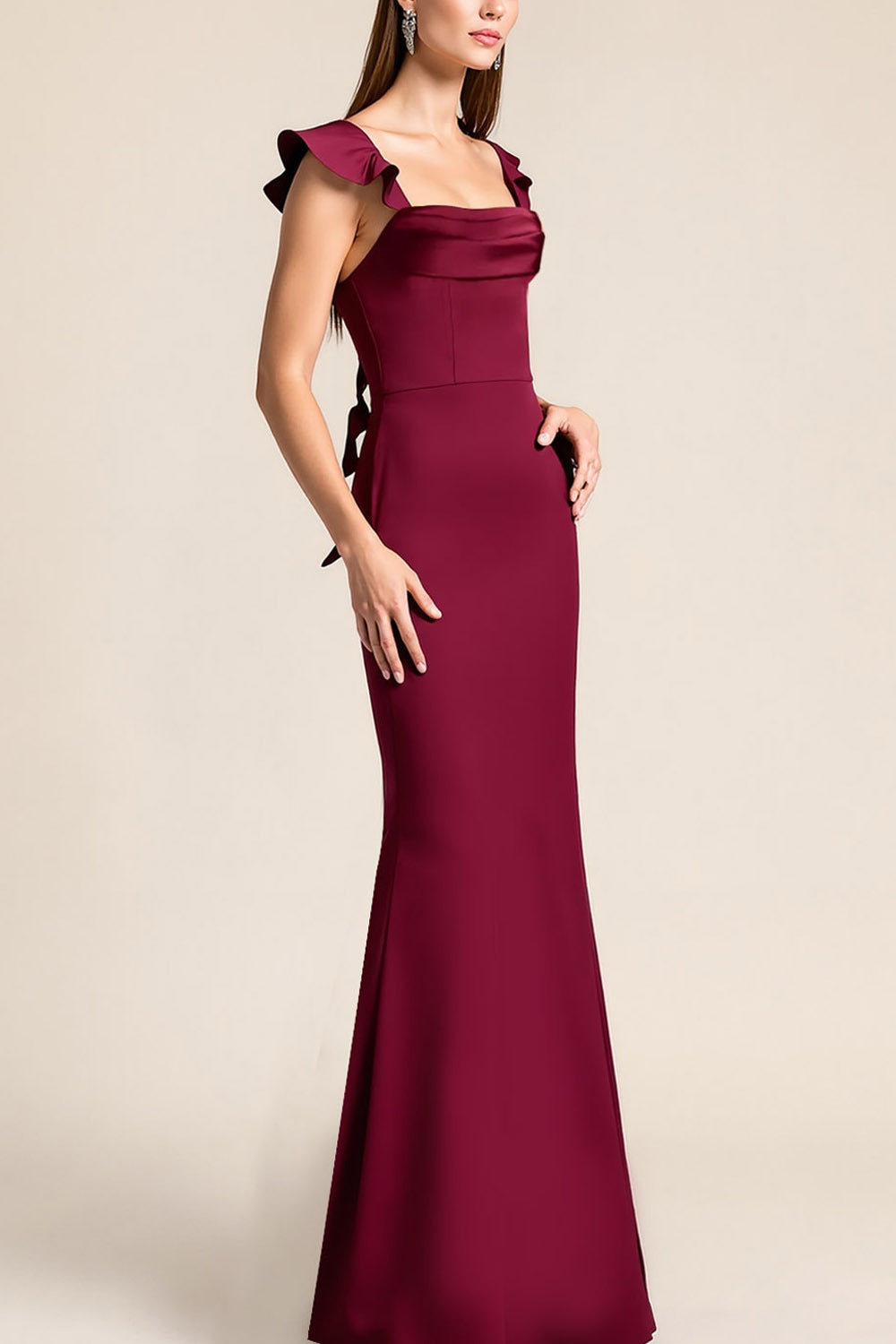 Formal Wedding Bridesmaid Dress Burgundy Cowl Neck Satin Maxi Dress with Ruffle