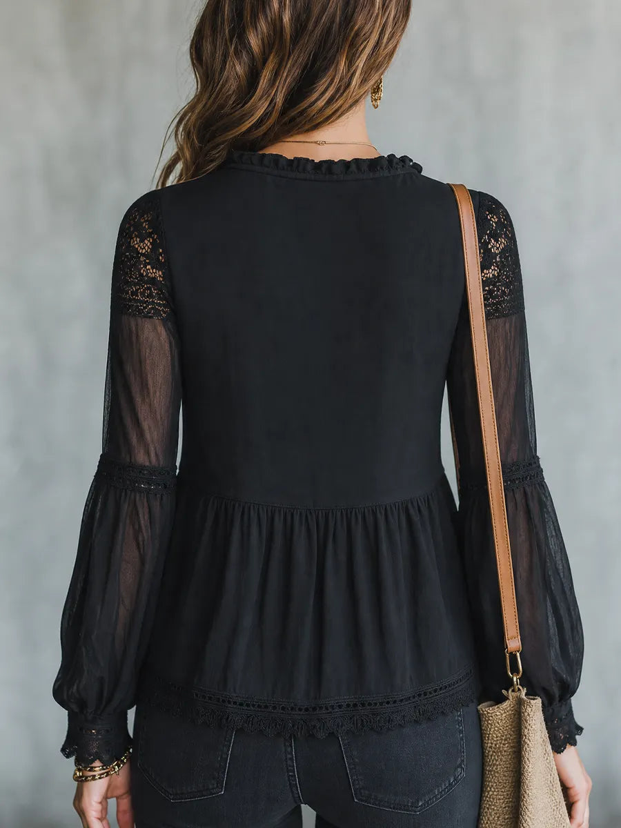 Elegant Black Lace Trim Blouse
