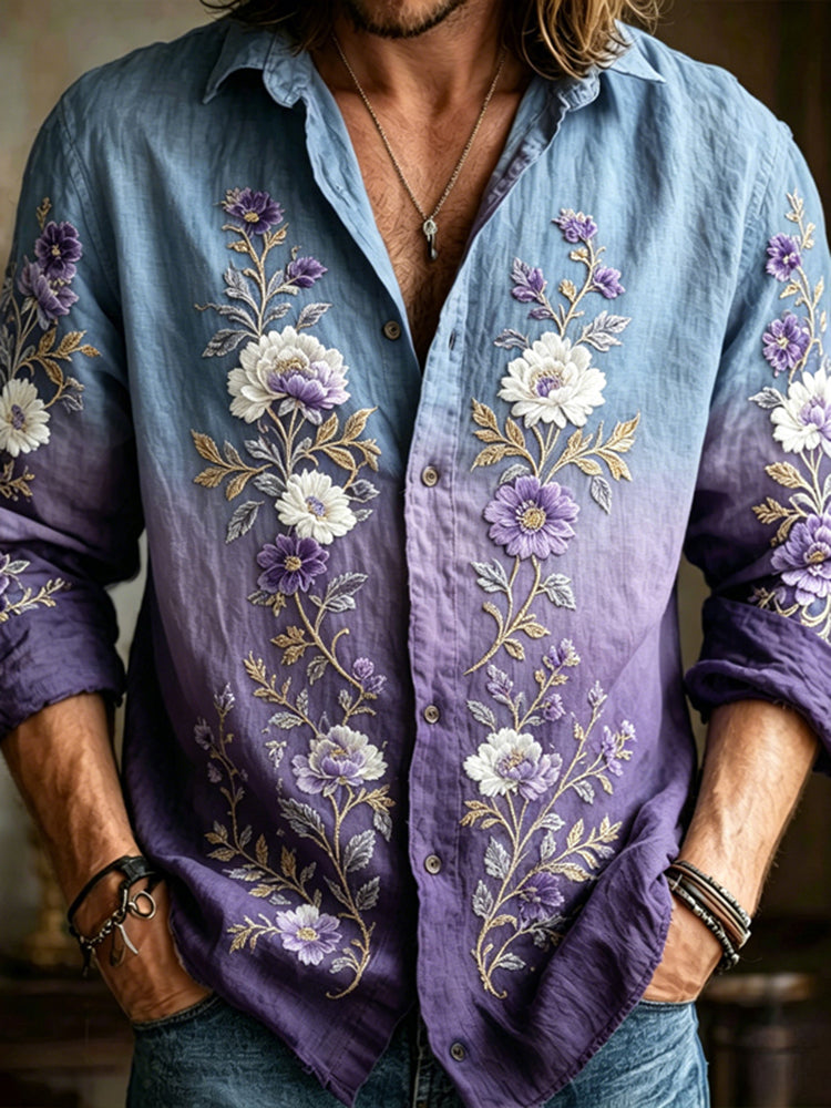 Men's Vintage Floral Print Gradient Long Sleeve Linen Blend Shirt