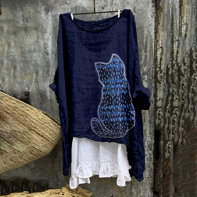 Cute Cat Japanese Art Embroidered Linen Blend Tunic