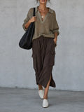 Women's Minimalist Pointelle Half-Zip Long-Sleeve Sweater & Drawstring Utility Midi Skirt Set MDZ2042G1WY