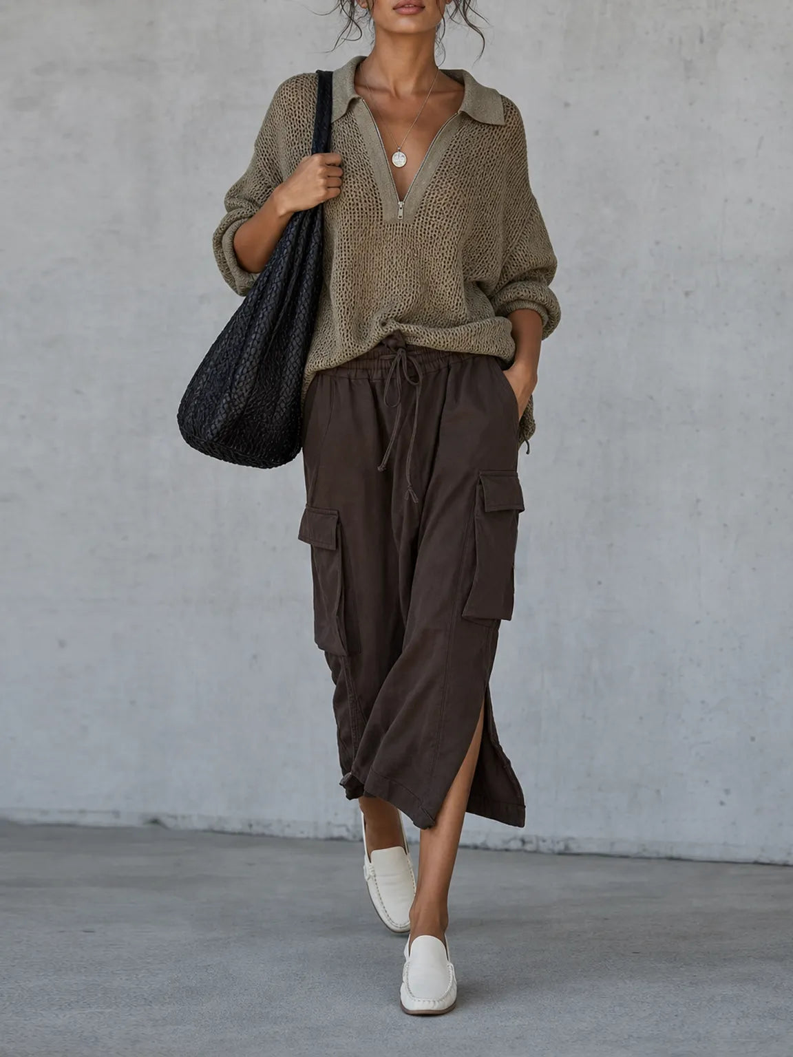Women's Minimalist Pointelle Half-Zip Long-Sleeve Sweater & Drawstring Utility Midi Skirt Set MDZ2042G1WY