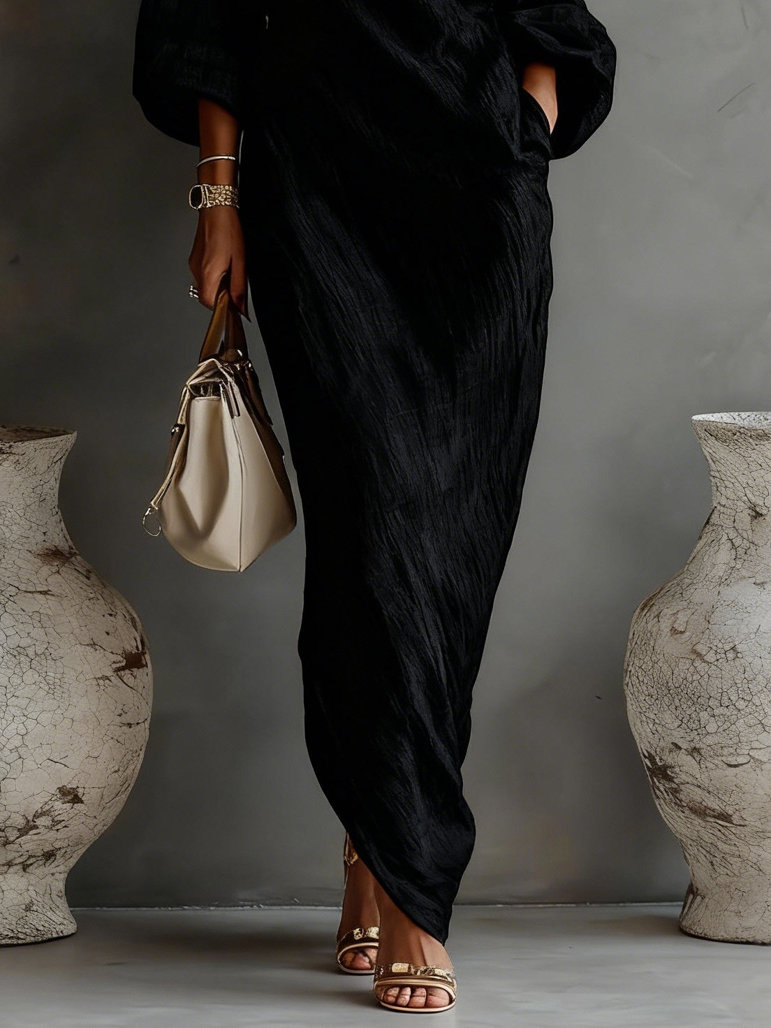 Black One-shoulder Flowing Elegant Maxi Dress