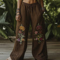 Vintage Bohemian Forest Floral Art Printed Cotton Linen Wide Leg Pants