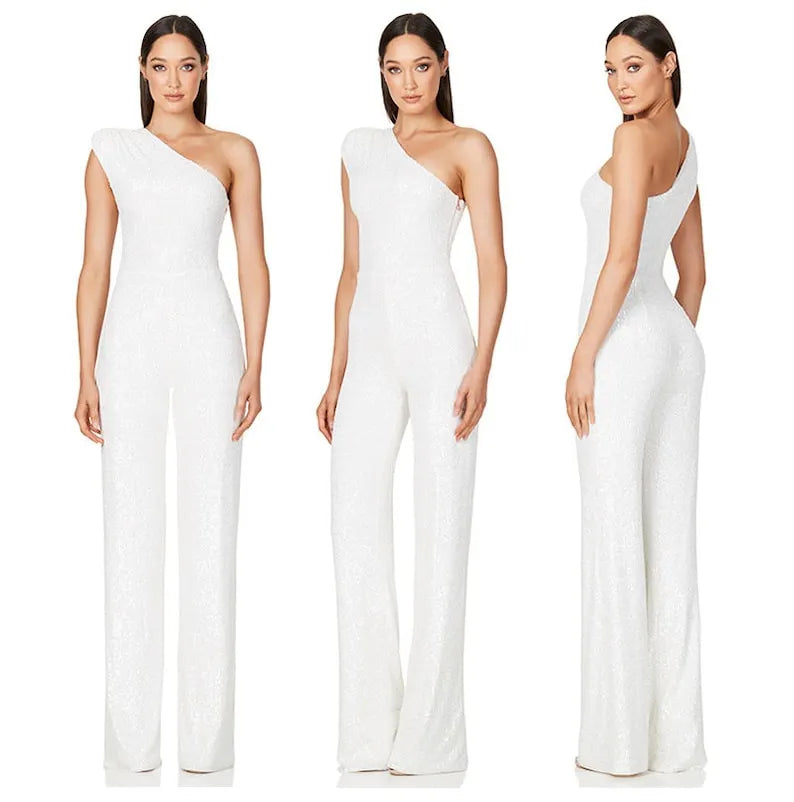 Sequin jumpsuit White Glittery Jumpsuit Shiny Designer One Shoulder Jumpsuit Evening Party dress special gift for christmas and wedding