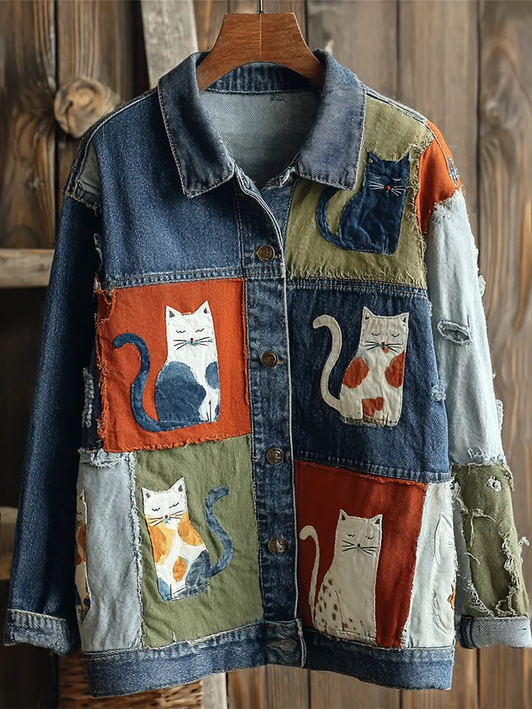 Women's Casual Cute Patchwork Cat Pattern Denim Jacket
