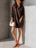 Women's Minimalist Dark Brown Cotton Linen Collared Half Open Placket Long Sleeve Short Shirt Dress MDZ0174G8GMJ
