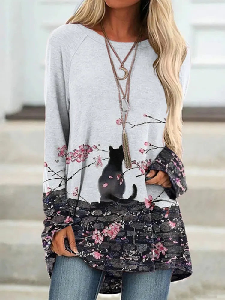 Japanese Cat Ink Painting Art Print Casual Tunic