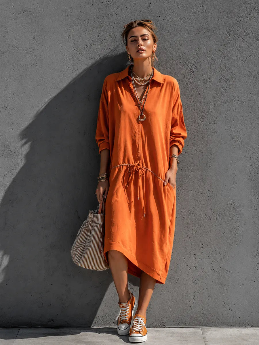 Women's Vacation Casual Orange Cotton Blend Lapel Drawstring Waist Irregular Midi Dress MDZ1019G8GMJ