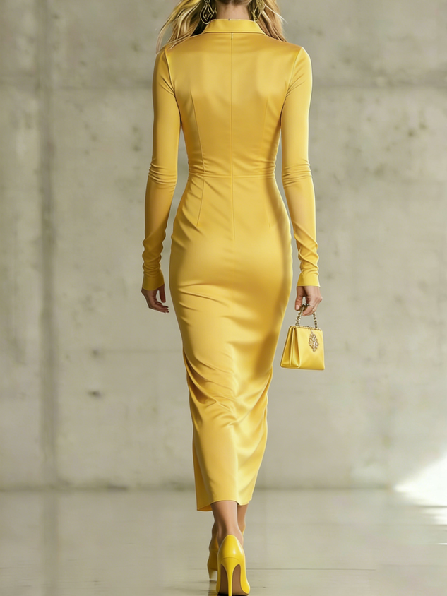 Elegant Plain Shirt Collar Midi Dress