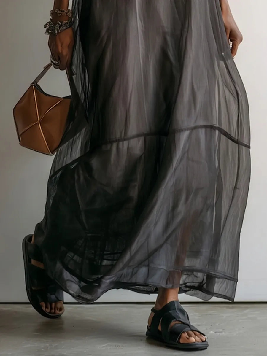 Women’s Dark Gray Minimalist Sheer Chiffon Overlay Round Neck Mid Sleeve Flowy Tiered Oversized Maxi Dress MDZ0299G1T