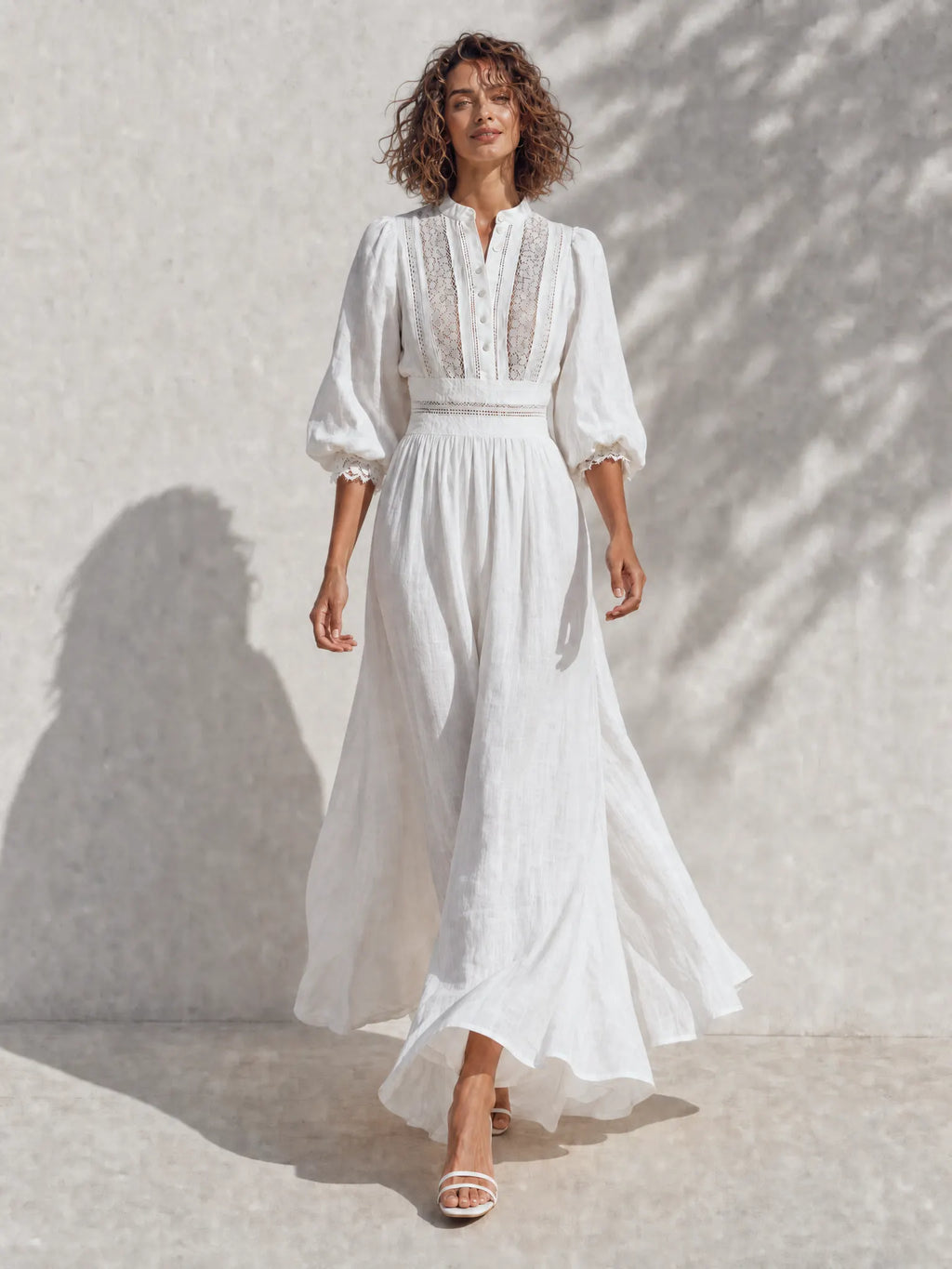 Women's Resort-Style White Stand-Collar Bishop-Sleeve Lace-Cutout-Paneled Cinched-Waist Linen Maxi Dress MDZ1502G4CMX