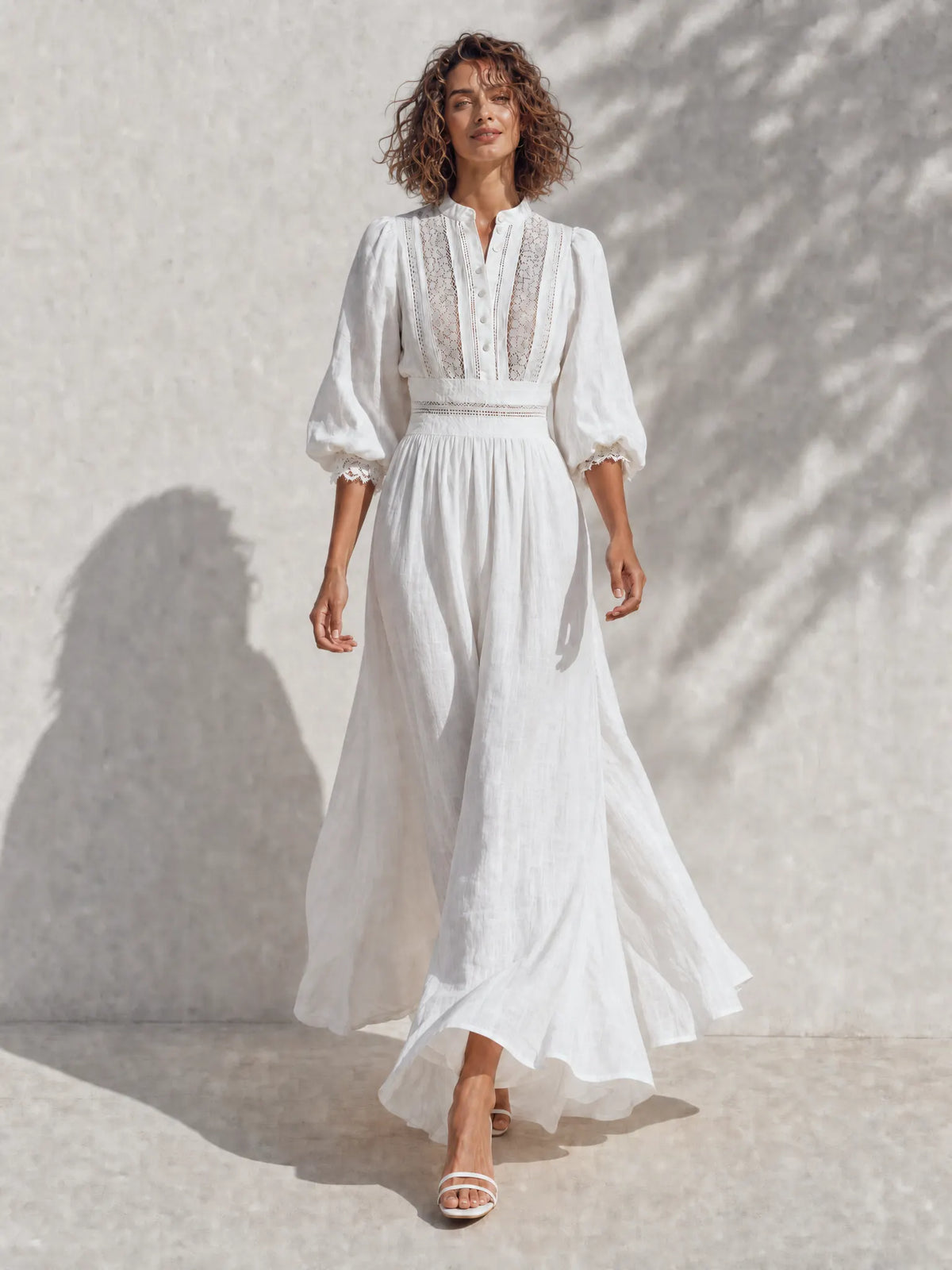 Women's Resort-Style White Stand-Collar Bishop-Sleeve Lace-Cutout-Paneled Cinched-Waist Linen Maxi Dress MDZ1502G4CMX