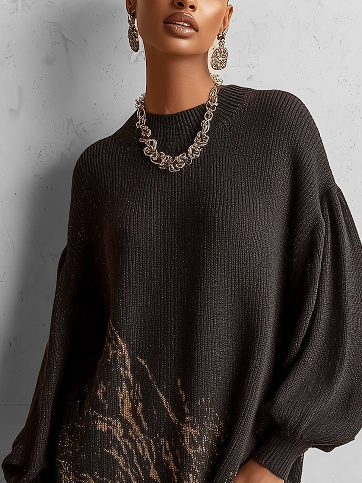 Black Gold Marbled Fringe Hem Oversized Crew Neck Knit Mini Sweater Dress