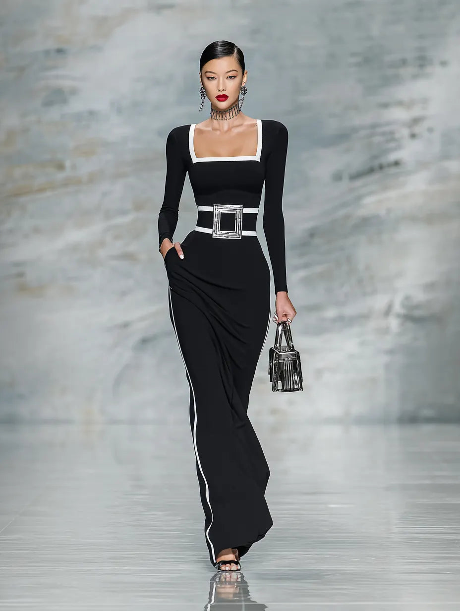 Women's Black And White Trim Square Neck Long Sleeve Tight Maxi Dress MDA1698G8Y