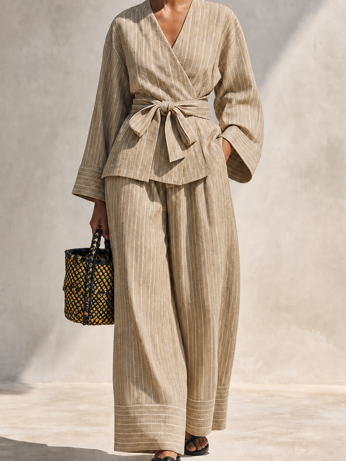 Women's Minimalist Flax Beige Linen Blend Striped Kimono Wrap Tie Waist Long Sleeve Top And Wide-Leg Pants Two-Piece Set MDZ1504G2ZSQ