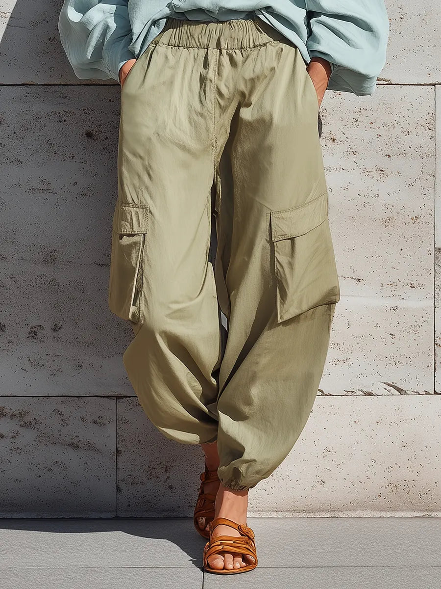 Women's Light Blue Mandarin Collar Half Button Balloon Sleeve Loose Top Sage Green Elastic Waist Multi Pocket Jogger Cargo Pant Two Piece Set MDZ2015G1YZJ