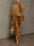 24-Hour-Shipping Light Brown Velvet Bodycon Maxi Dress With Chiffon Blouse Set