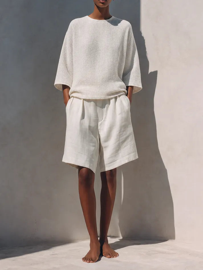 Women's Minimalist Ivory Cotton Linen Blend Waffle Textured Round Neck Short Sleeve Top And Pleated Bermuda Shorts Two-Piece Set MDZ1482G1ZSQ