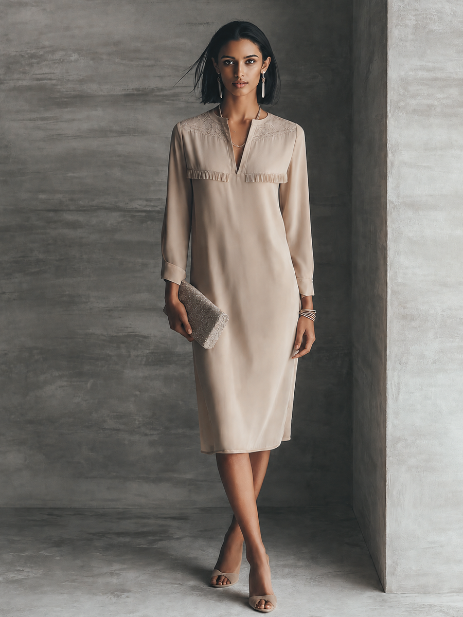 Women's Elegant Beige Tencel Blend Embroidered Yoke Fringe Trim Split-Neck Midi Dress MDZ1612G1GMJ