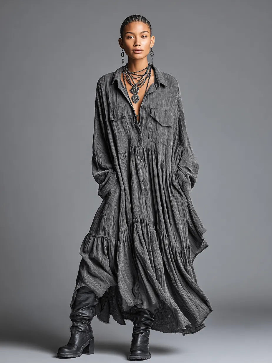 Women's Cotton And Linen Blend Loose Washed Shirt Maxi Dress