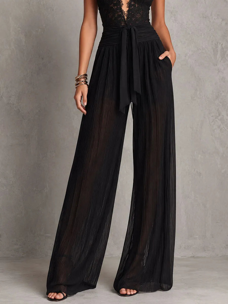 Boho Romantic Black Lace Halter Sheer Pleated Wide-Leg Evening Jumpsuit