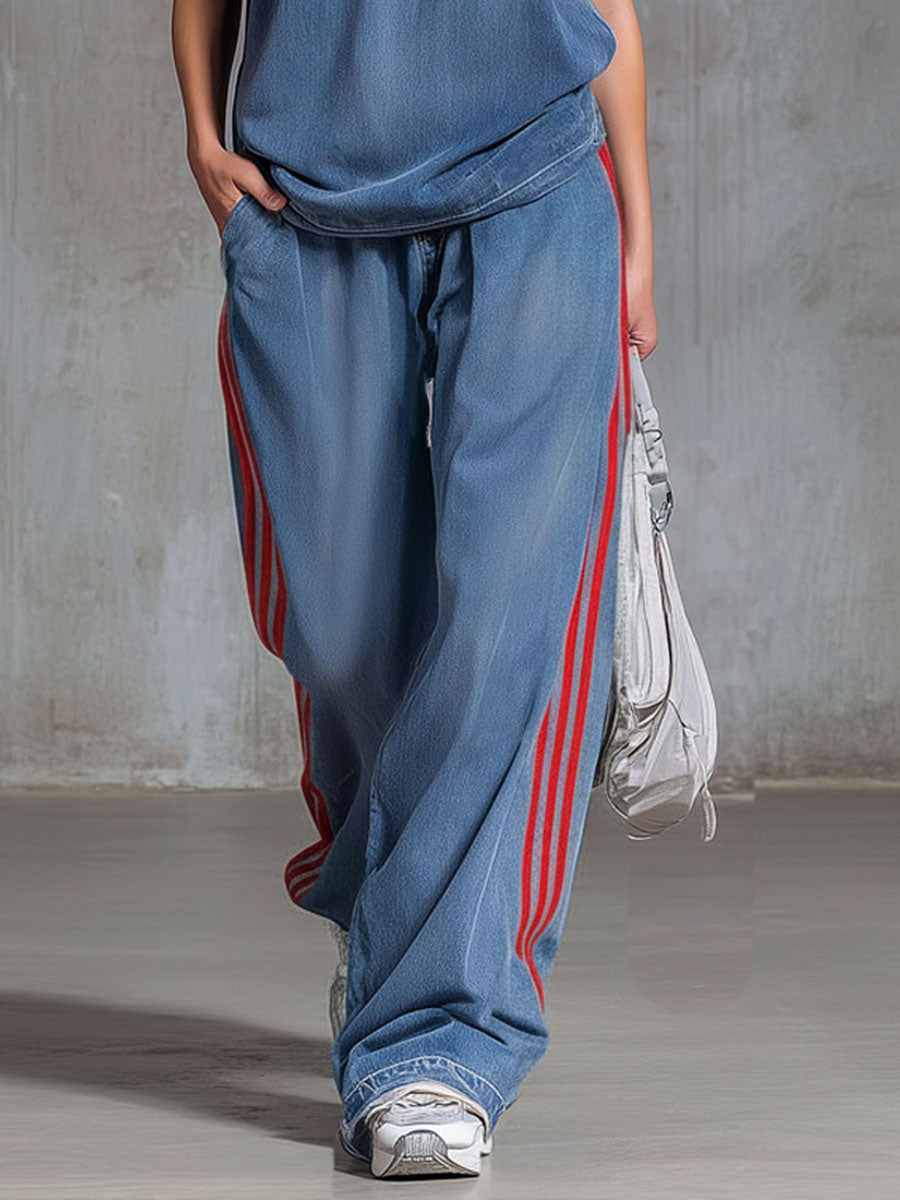 Loose-fitting Retro Denim Zip-up Sleeveless Top And Pants Set