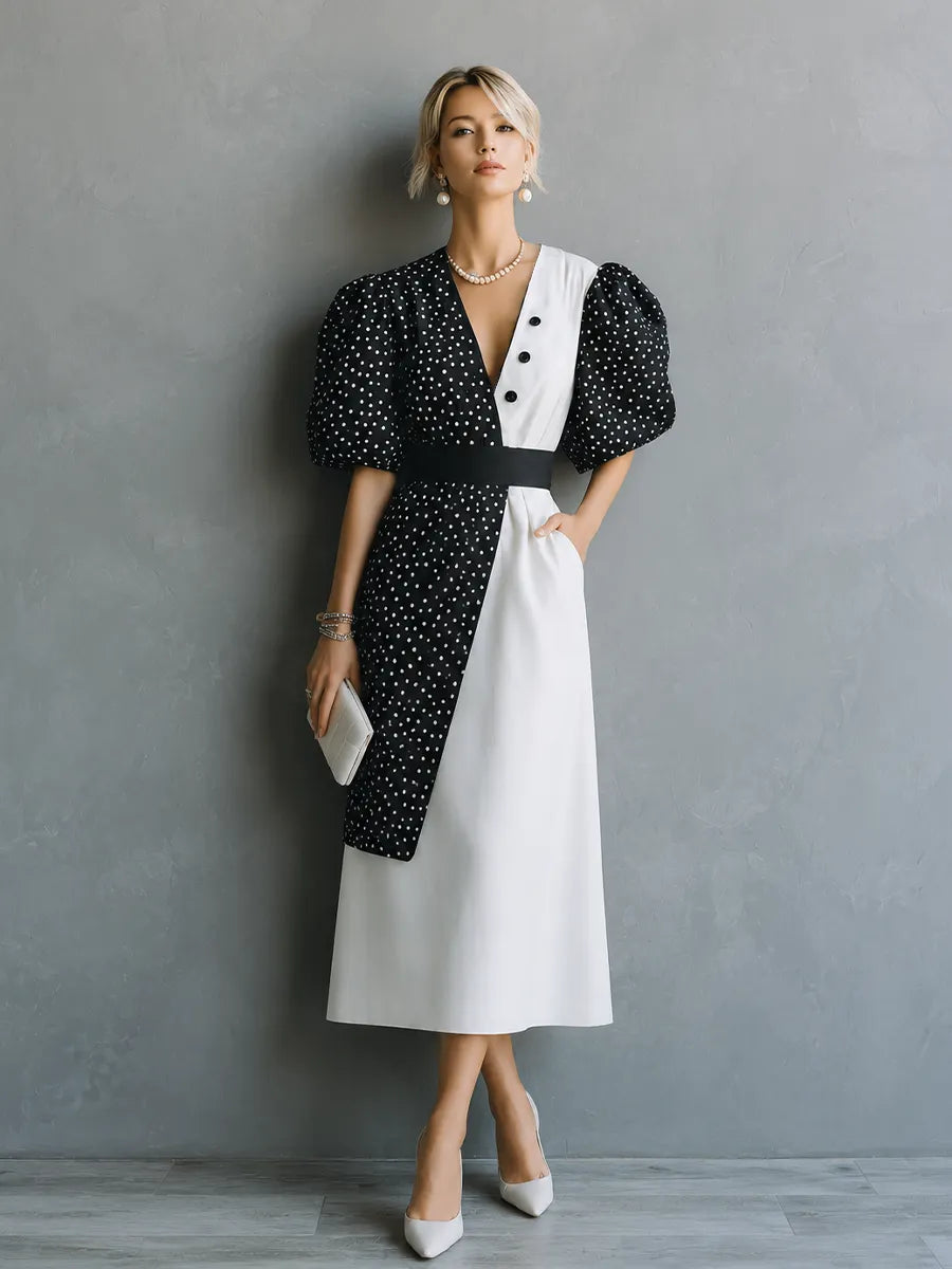 Women's Retro French Style Black White Cotton Blend Color Block V-Neck Puff Short Sleeve Waistband Midi Dress MDZ0334G2GMJ