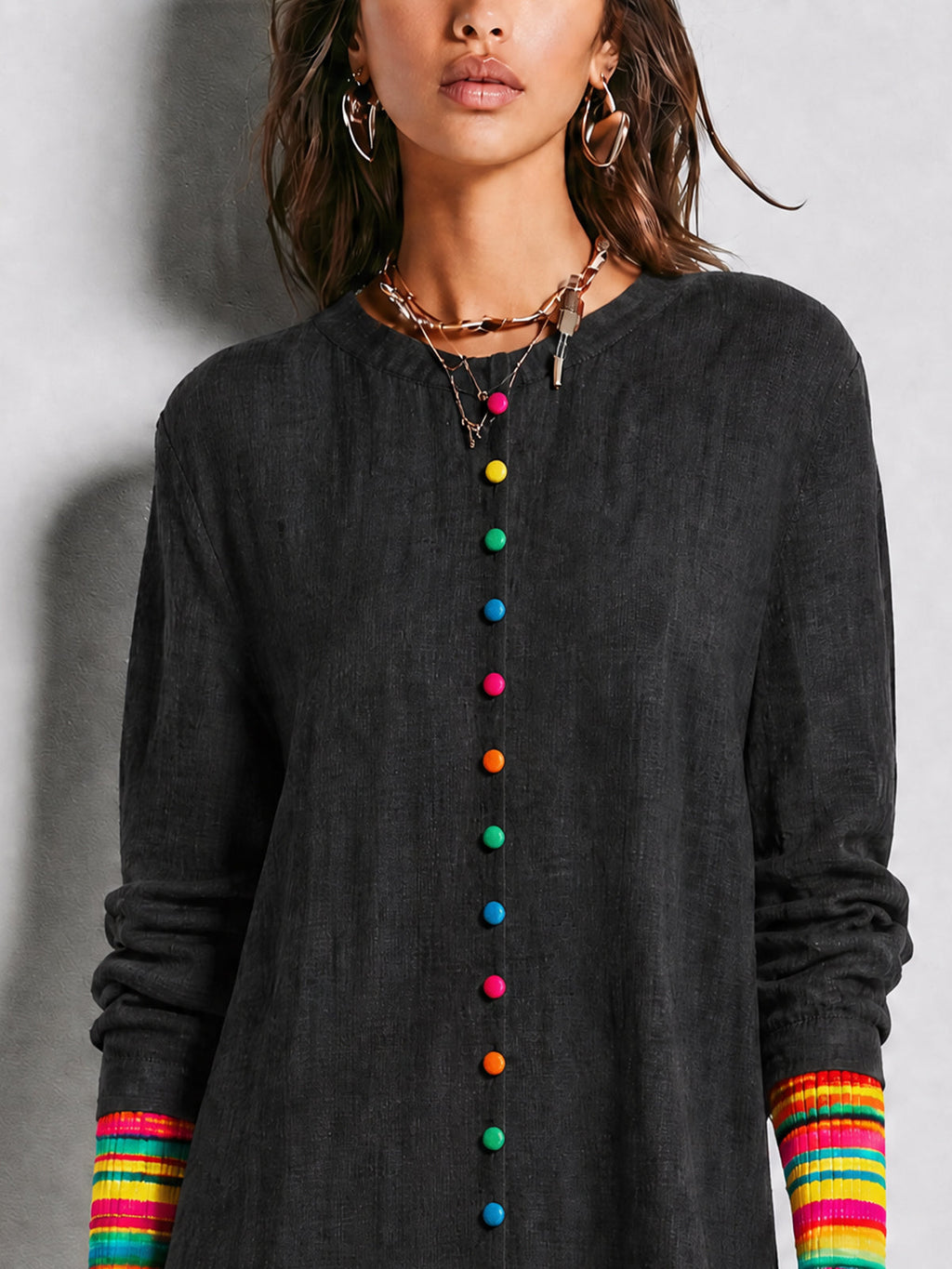 Black Rainbow Button Shift Mini Dress With Contrast Knit Cuffs