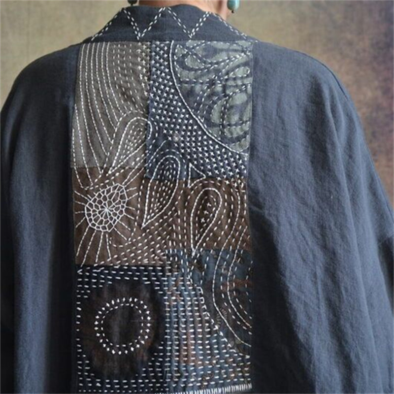 Colorblock Embroidered Japanese Sashiko Art Linen Blend Kimono Cardigan