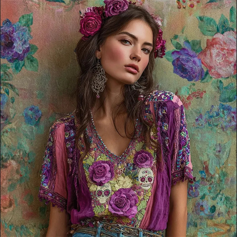 Mexican Sugar Skulls Ethnic Floral Embroidered Contrast Linen Tunic