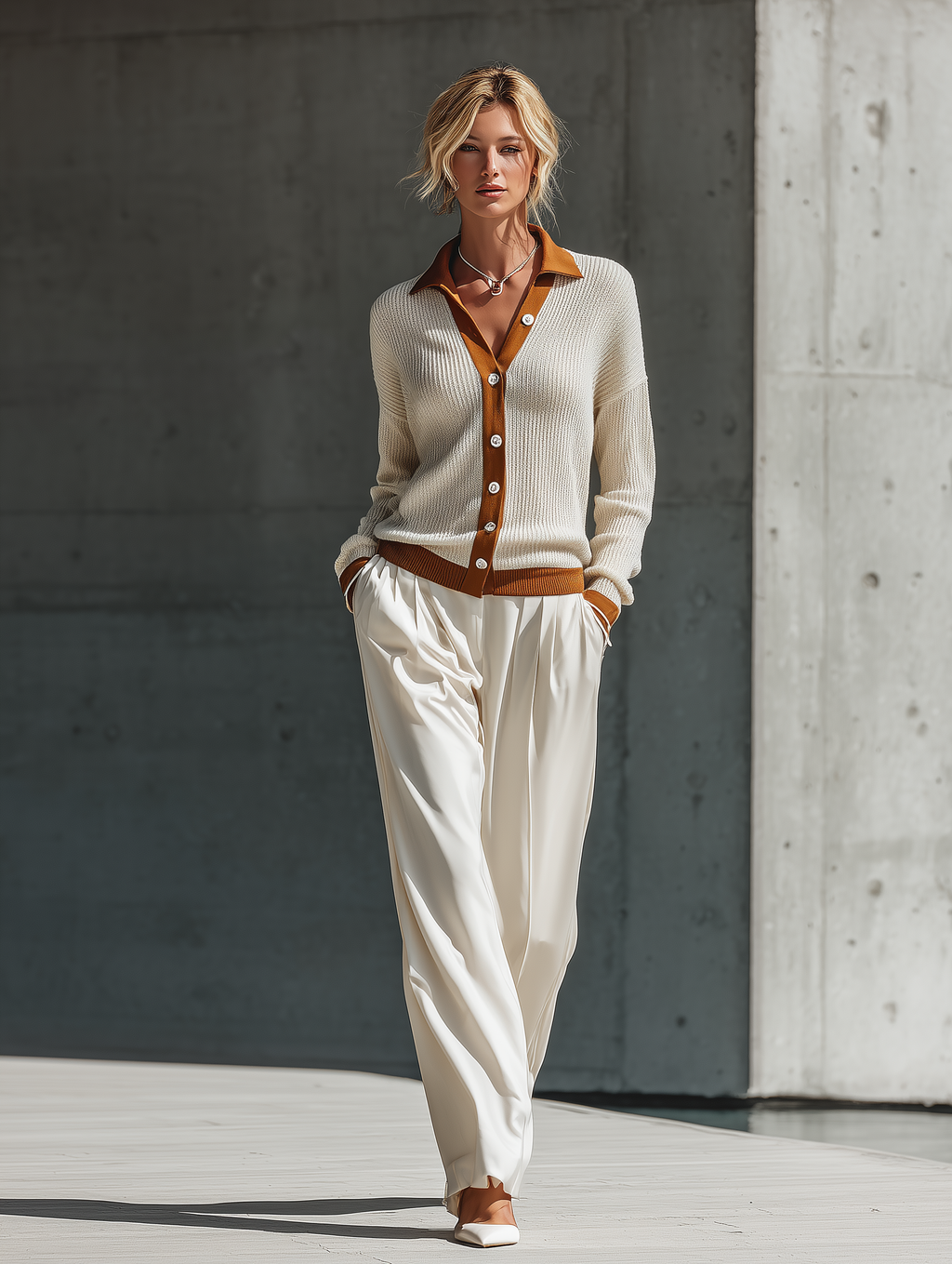 Women's Cream Rust Color Block Collared Button Front Ribbed Knit Long Sleeve Top MDZ2211G7YZJ