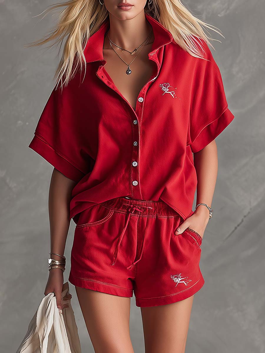 Retro-style Sporty Red Cotton Collared Button-down Top And Shorts Set
