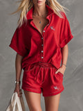 Retro-style Sporty Red Cotton Collared Button-down Top And Shorts Set