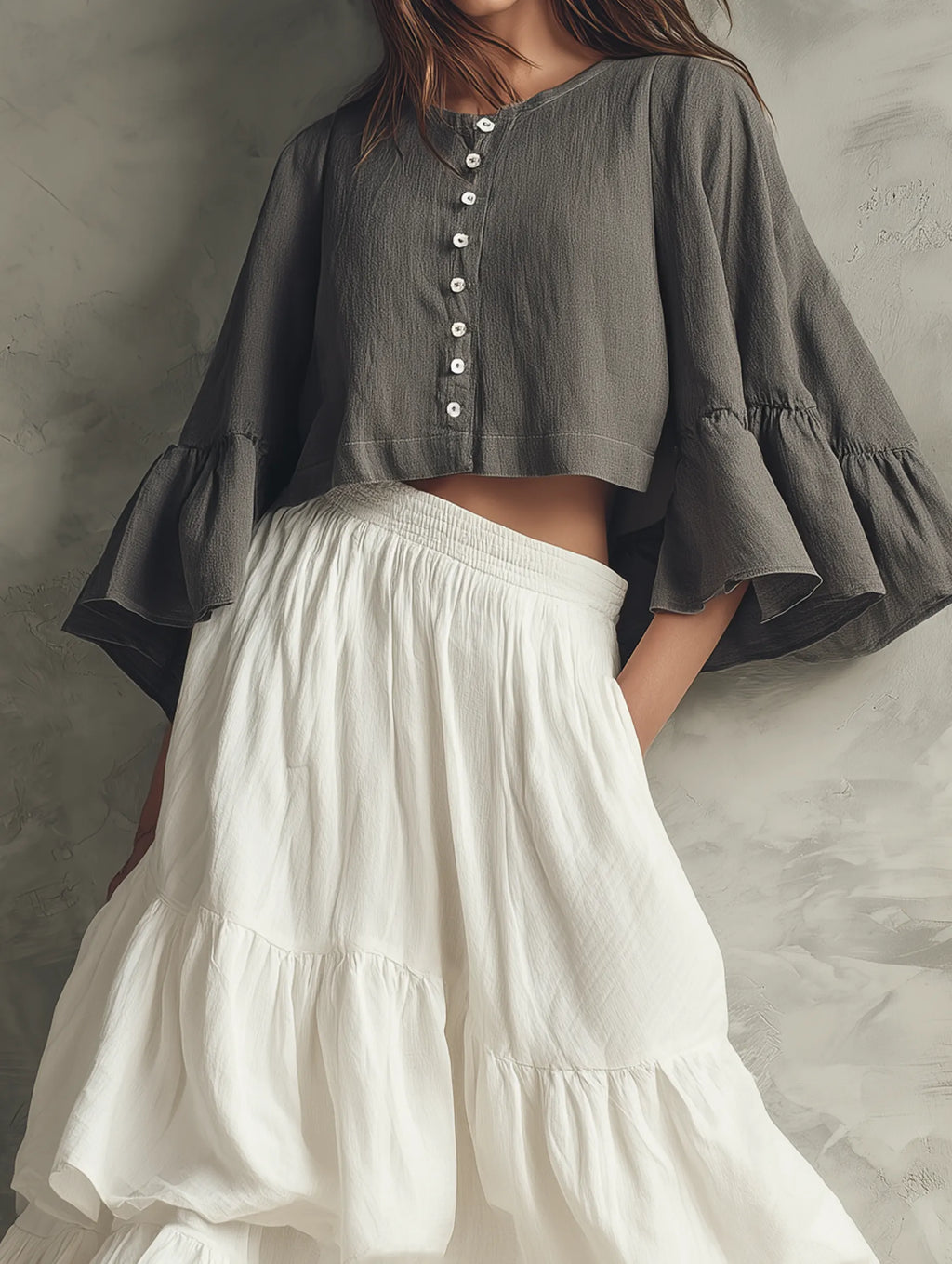 Women's Casual Grey Cotton-linen Long-sleeve Top Paired With A White Woven Multi-layered Ruffled Skirt MDZ1650G0LXY