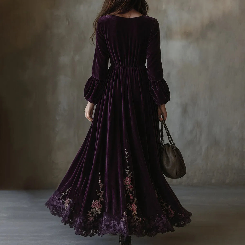 Vintage Floral Embroidered Velvet Maxi Dress