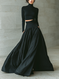Women's Fashionable And Elegant Black Fitted Turtleneck Long-sleeved Cropped Top Paired With A Black Long Skirt MDA2692K3AN