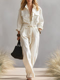 Women's Cream Cotton-Blend Jumpsuit With Cargo Pockets & Self-Tie Belt, Timeless Casual-Chic Style Jumpsuit MDA2696L5I