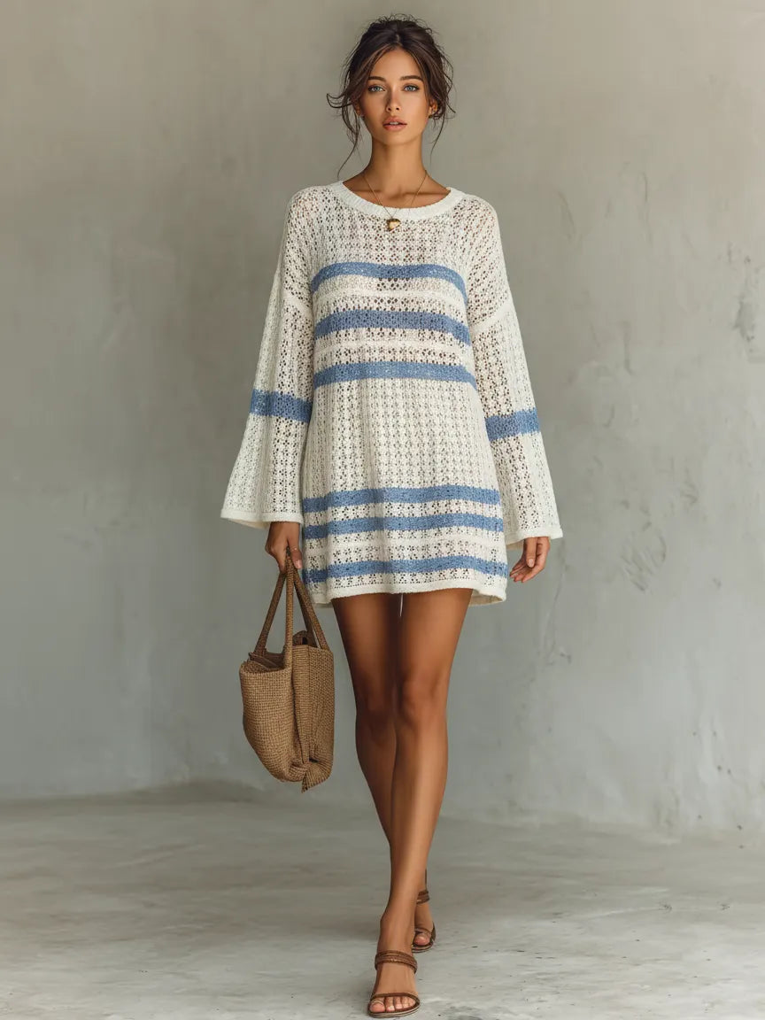 Women's Vacation Style Openwork Knit Striped Mini Dress MDA1806L6Y