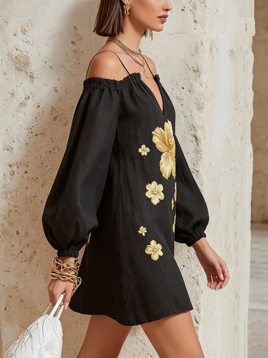Black Cold Shoulder Long Sleeve Golden Floral Embroidered Mini Dress