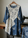 Vintage Lace Butterfly Patchwork Linen Women's Long Sleeve Shirt