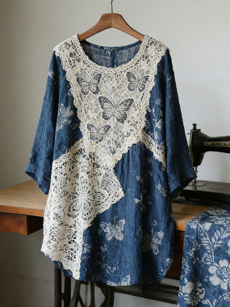 Vintage Lace Butterfly Patchwork Linen Women's Long Sleeve Shirt