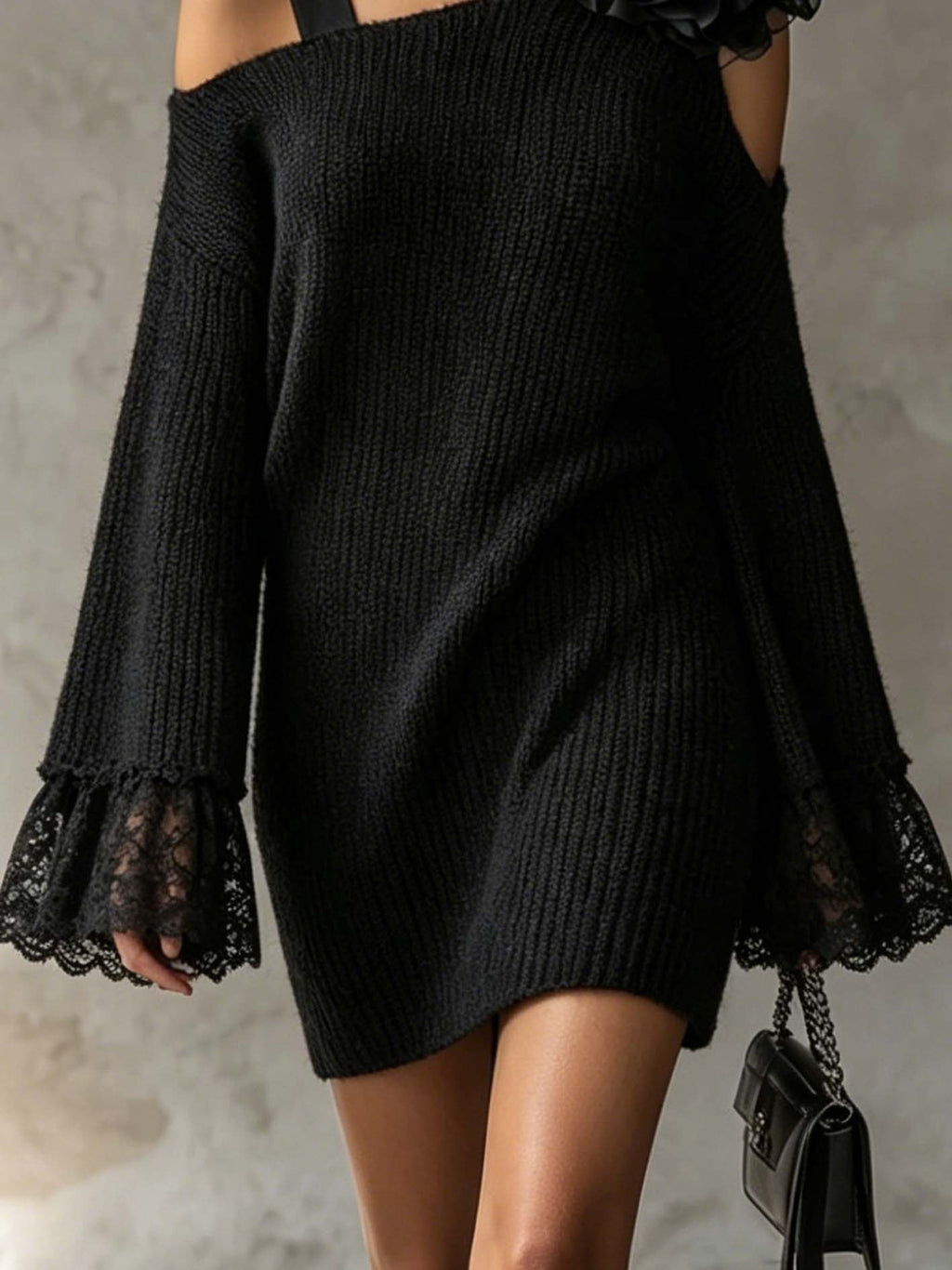 Black One Shoulder Knit Mini Dress With 3D Floral Applique And Lace Cuffs